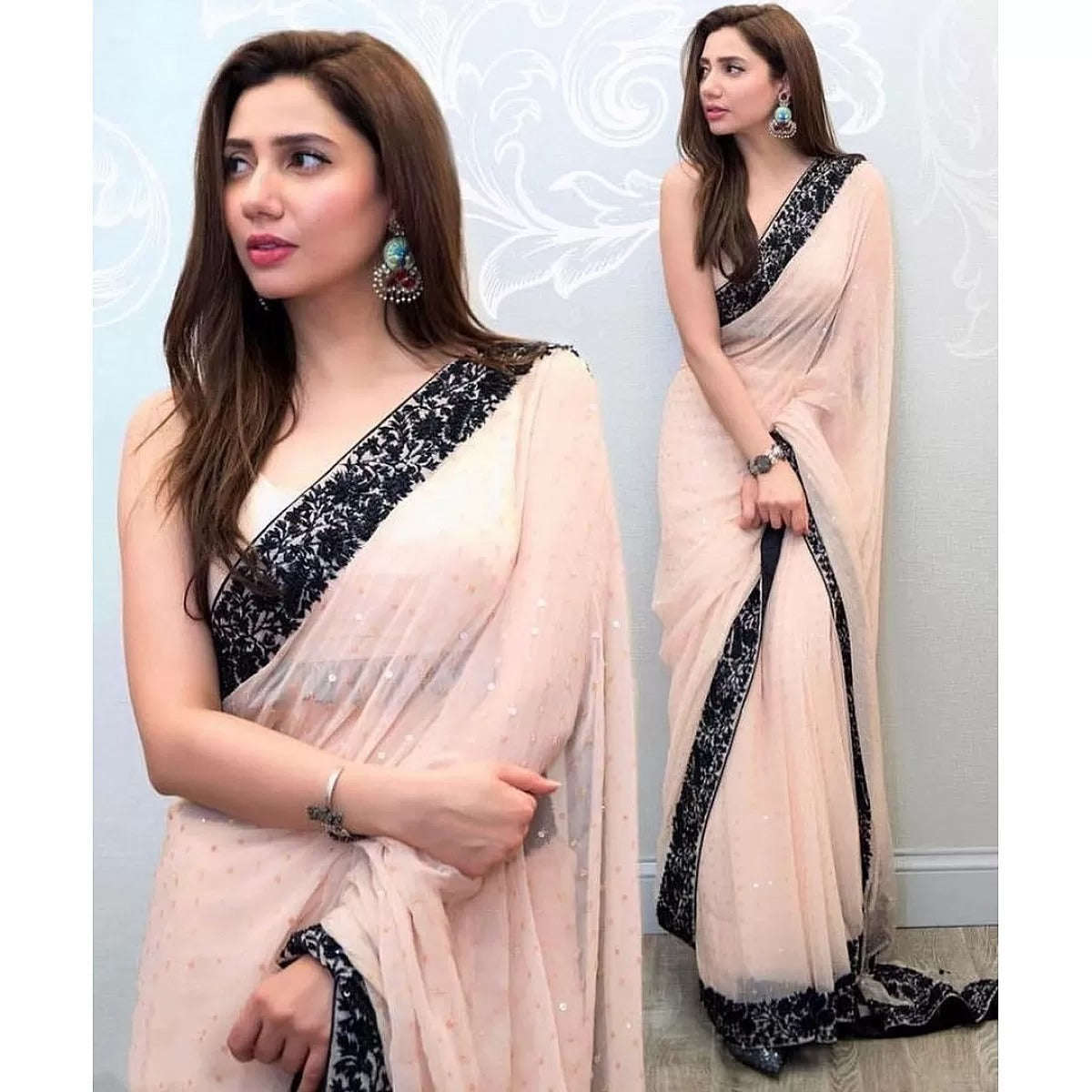 Shopesy Pink Saree in Georgette with Sequence Work Lace with Blouse