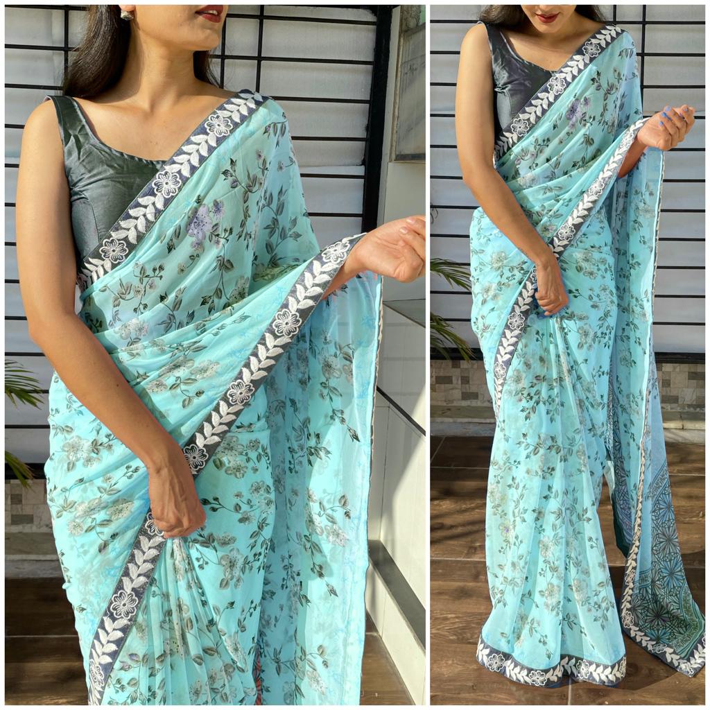 Shopesy Printed Georgette Saree with Heavy Lace