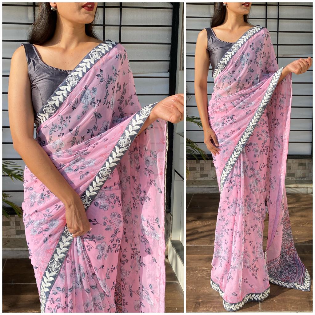 Shopesy Printed Georgette Saree with Heavy Lace