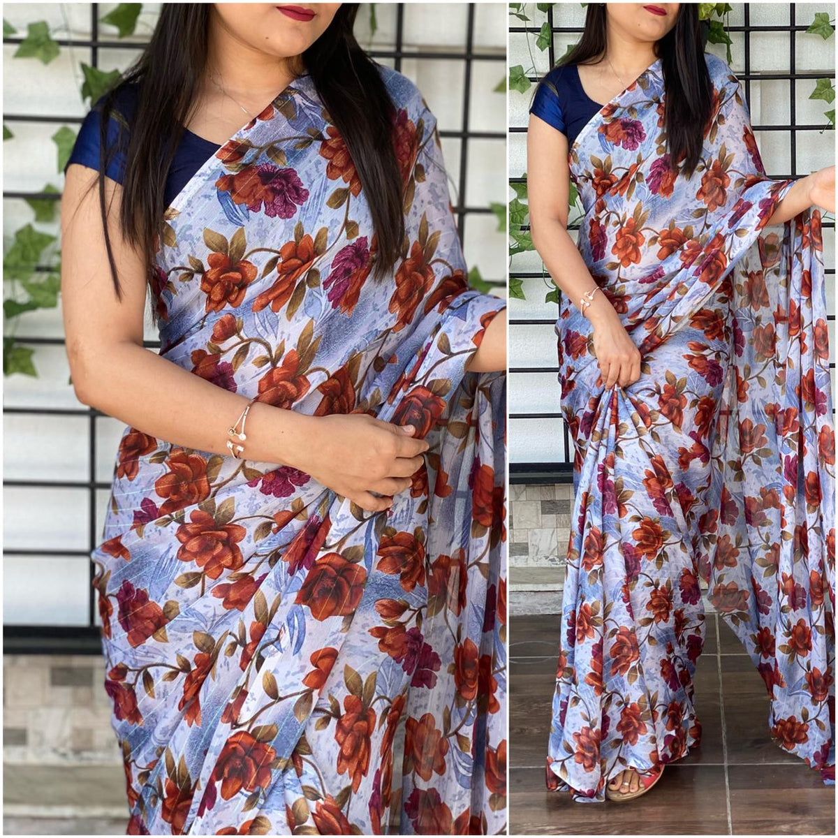 Shopesy Blue Georgette Printed Saree with Satin silk Blouse