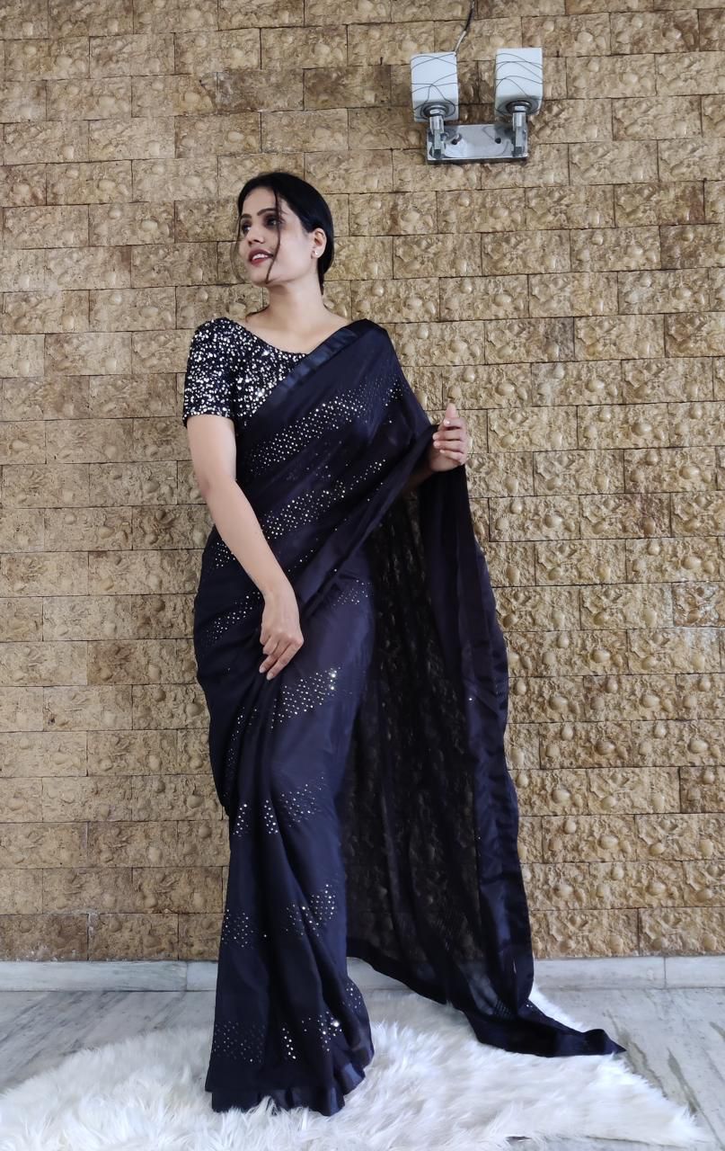 Shopesy Black Chinnon Saree with heavy sequence Work Blouse
