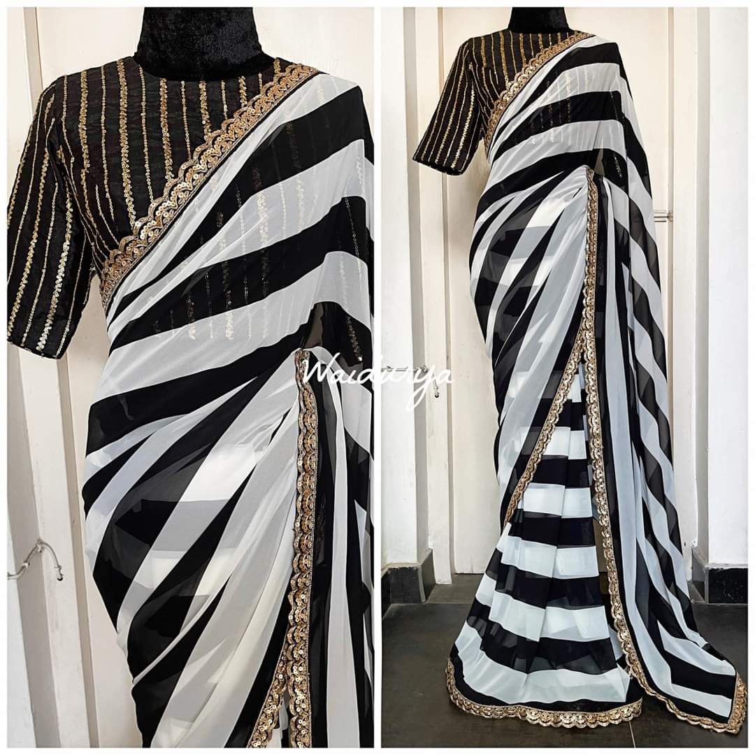 Shopesy Black and White Soft Georgette Saree with Embroidery Work
