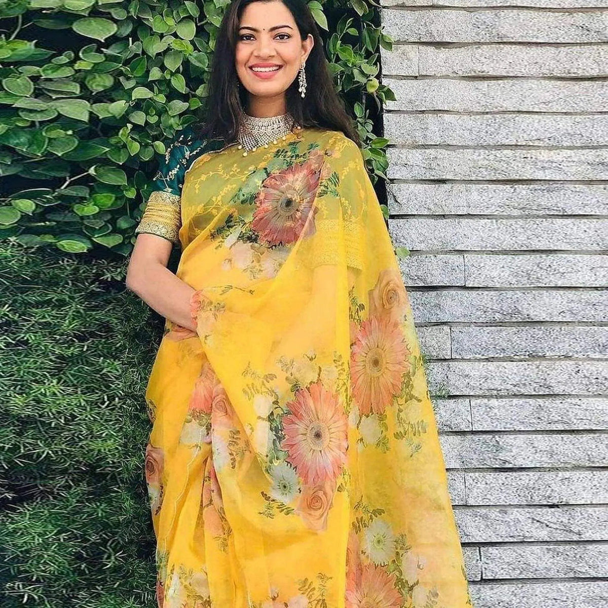 Shopesy Yellow Saree in Organza Silk with Floral Print for Haldi and Wedding