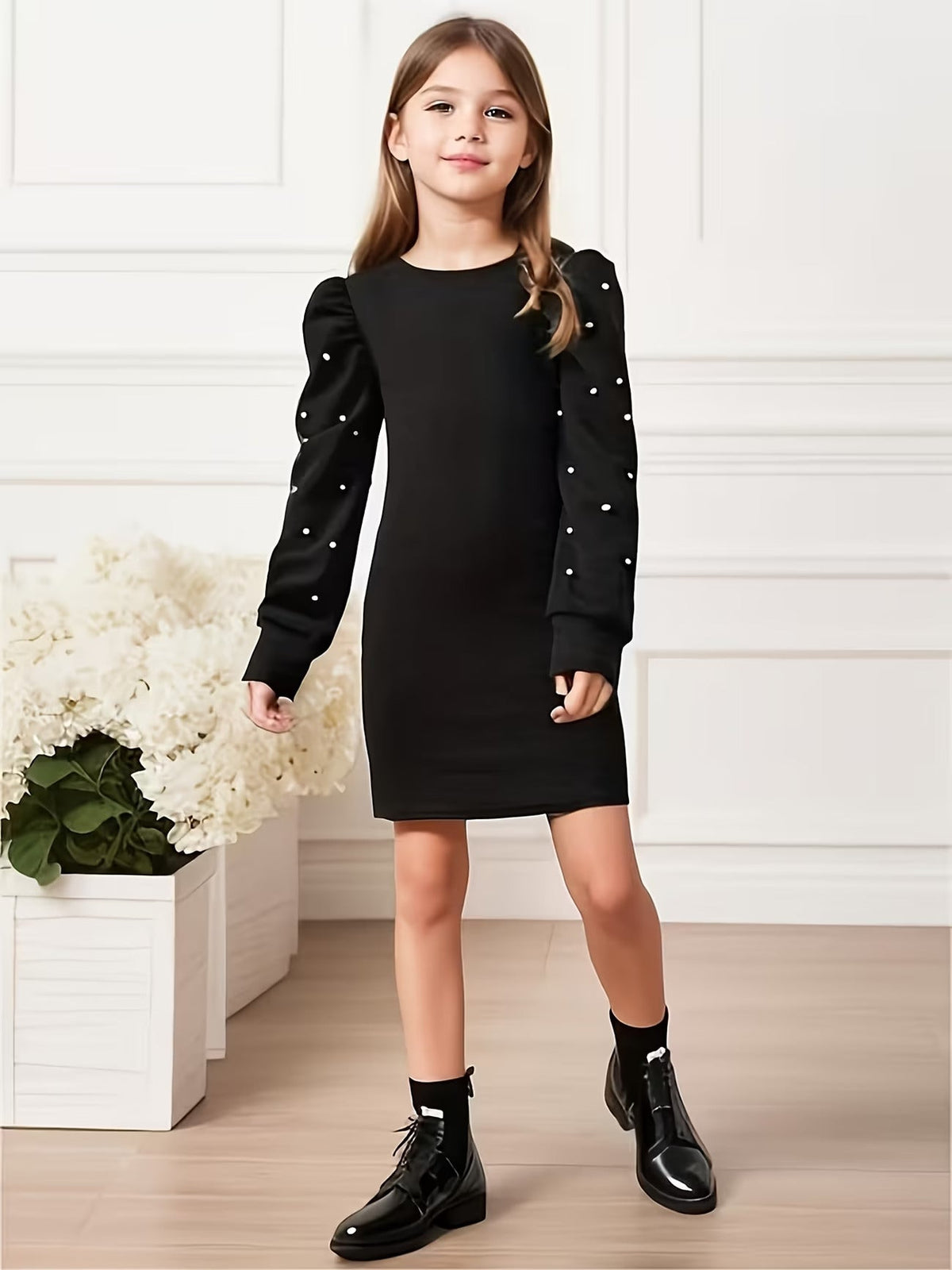 Shopesy Girls Black Pearl Embellished Puff Sleeve Bodycon Dress
