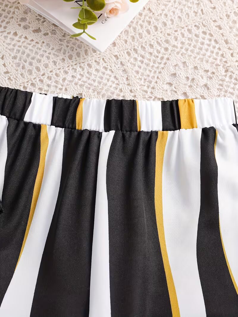 Shopesy Girls Black Ribbed Sleeveless Crop Top & Striped Wide Leg Pants Set