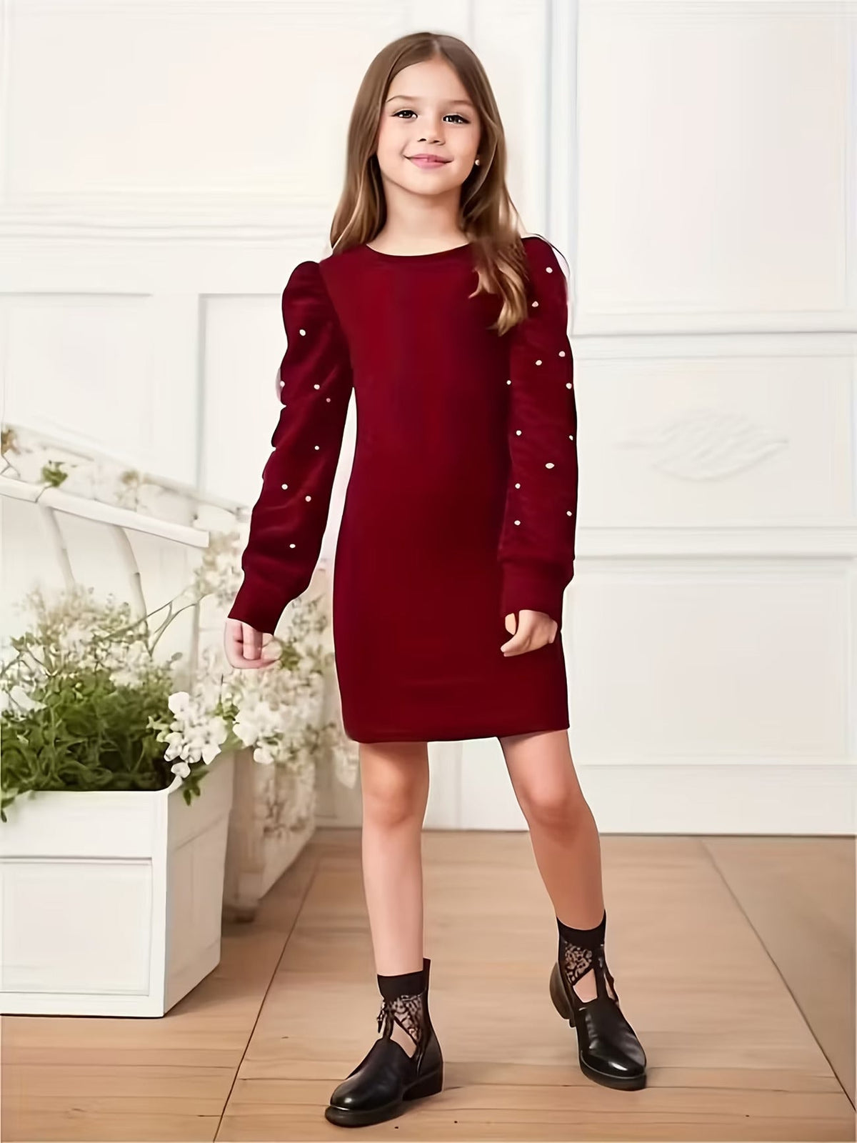 Shopesy Girls Maroon Pearl Embellished Puff Sleeve Bodycon Dress