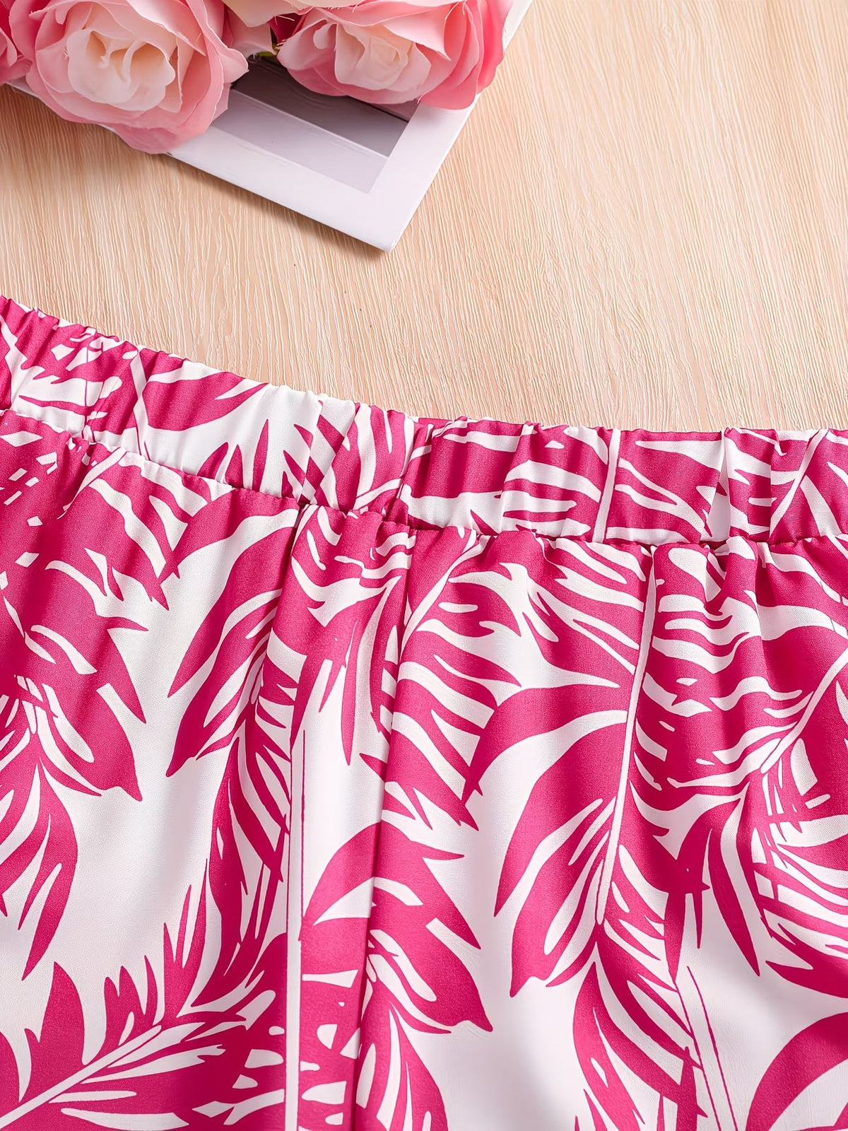 Shopesy Girls Pink Ribbed Sleeveless Crop Top & Tropical Leaf Print Pants Set