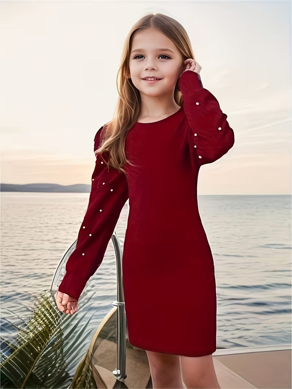 Shopesy Girls Maroon Pearl Embellished Puff Sleeve Bodycon Dress