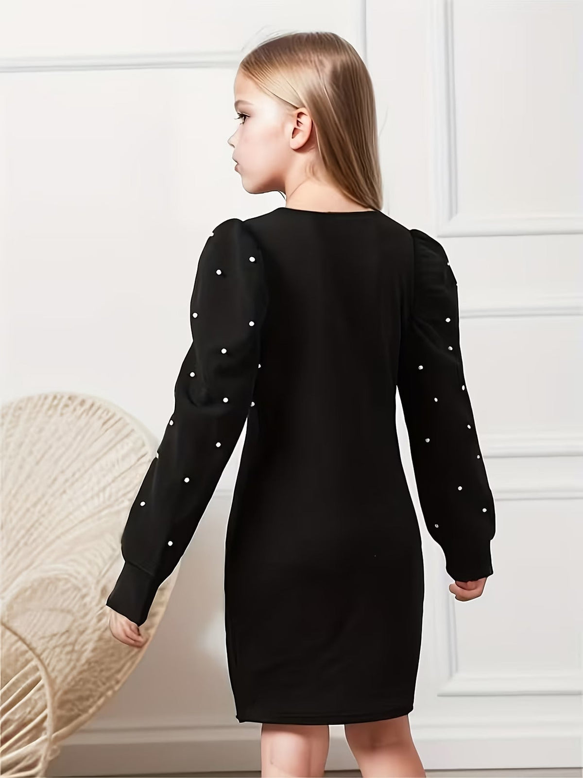 Shopesy Girls Black Pearl Embellished Puff Sleeve Bodycon Dress