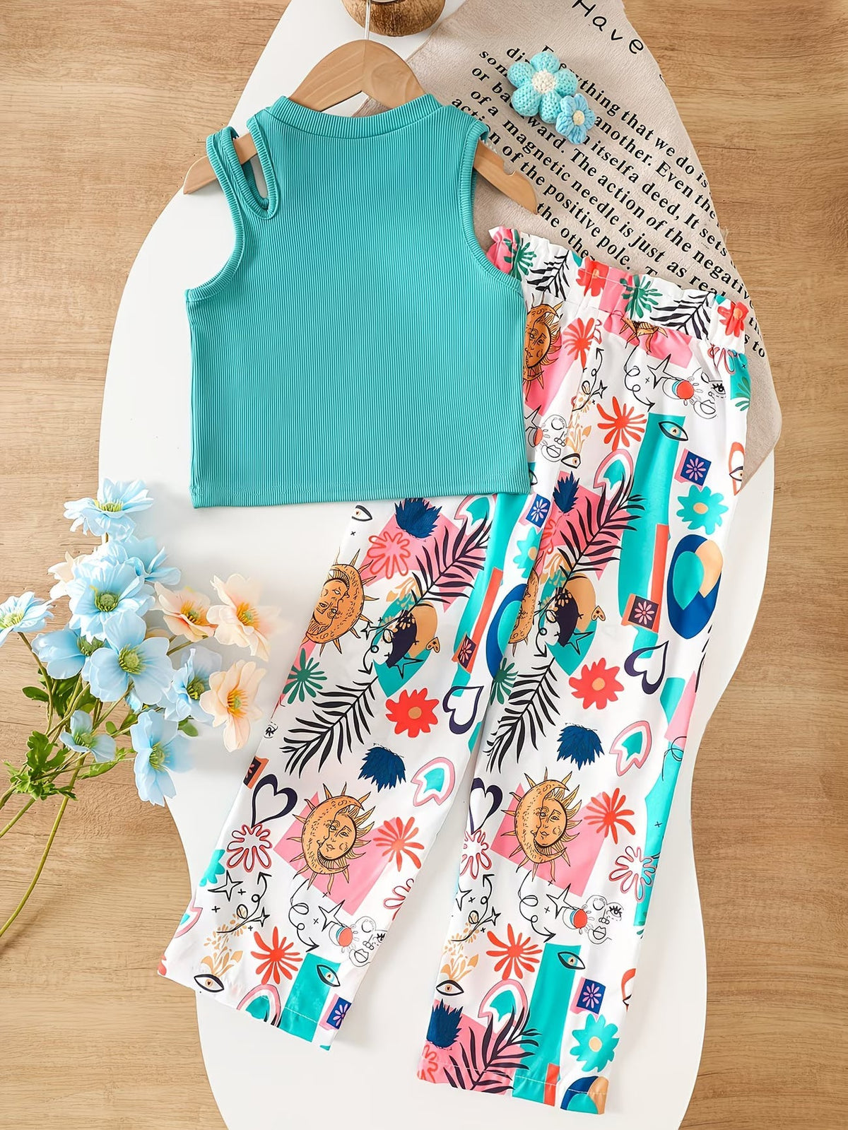 Shopesy Girls Teal Ribbed Sleeveless Crop Top & Multicolor Printed Pants Set