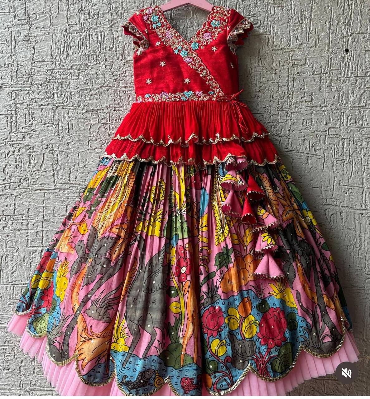 Shopesy Girls Premium Handcrafted Red Embroidered Top & Multicolour Printed Lehenga