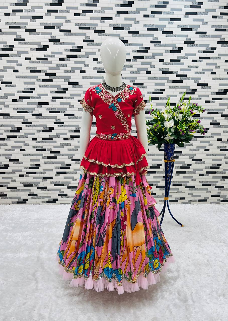 Shopesy Girls Premium Handcrafted Red Embroidered Top & Multicolour Printed Lehenga