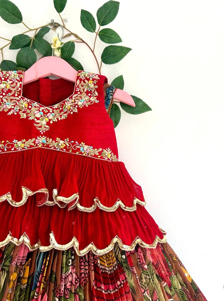 Shopesy Girls Red Embroidered Sleeveless Top & Multicolour Traditional Print Lehenga
