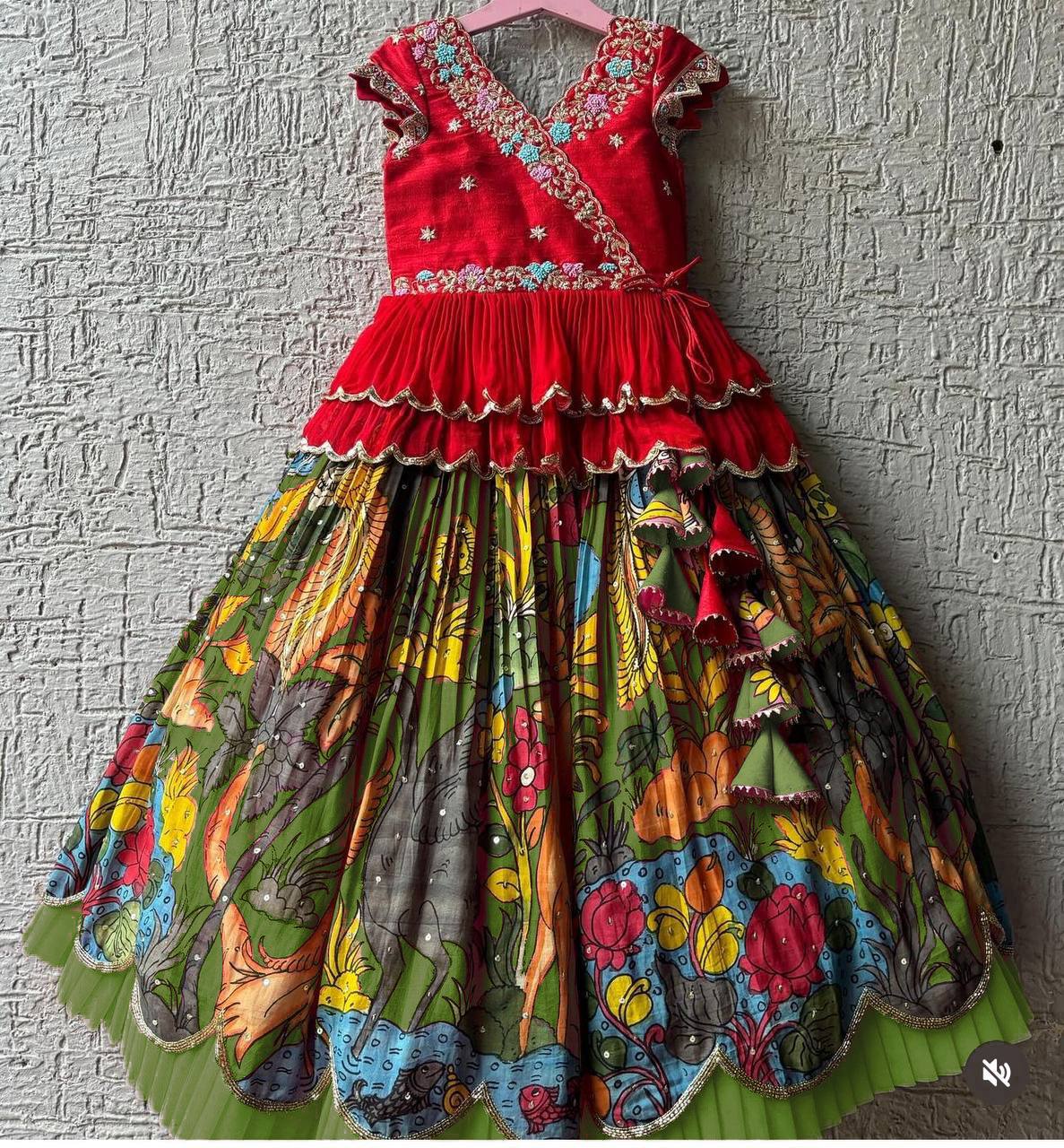 Shopesy Girls Red Embroidered Top with Green Multicolour Artistic Print Lehenga