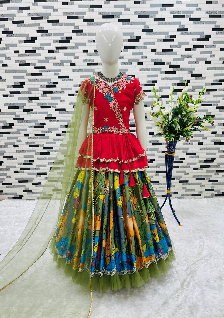 Shopesy Girls Red Embroidered Top with Green Multicolour Artistic Print Lehenga