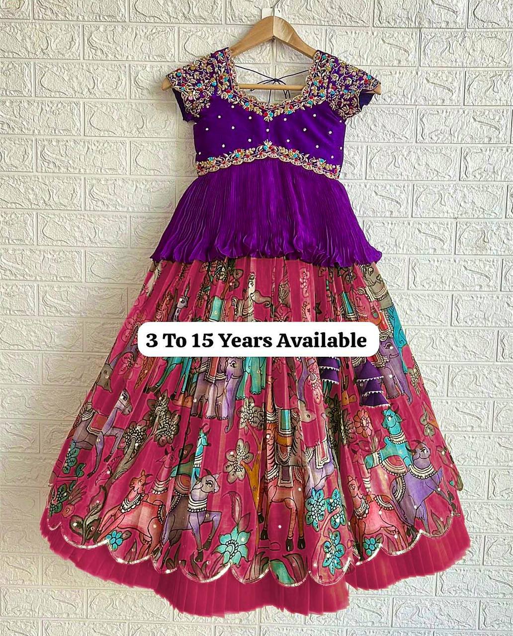 Shopesy Designer Purple Embroidered Peplum Top with Pink Printed Pleated Lehenga for Girls