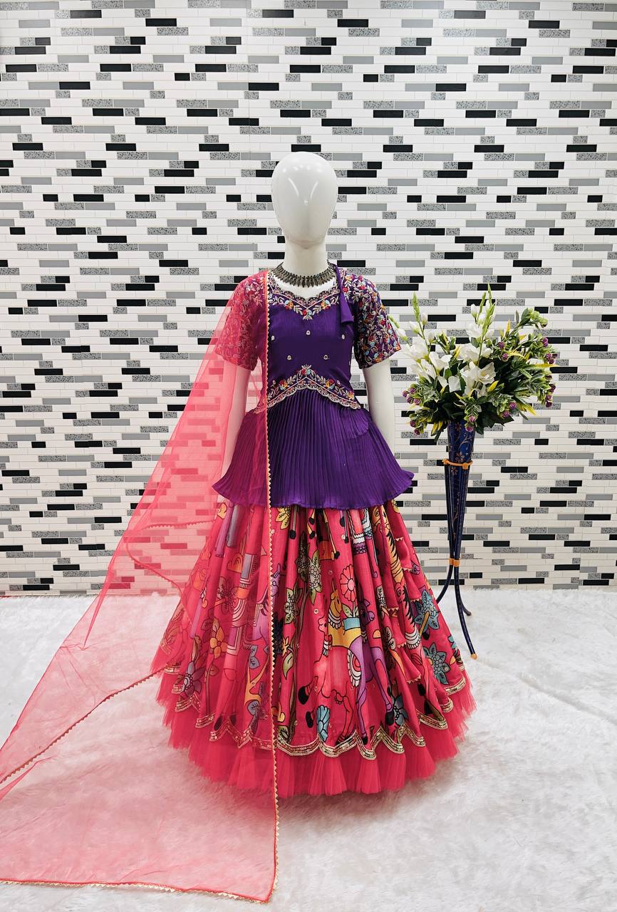 Shopesy Designer Purple Embroidered Peplum Top with Pink Printed Pleated Lehenga for Girls