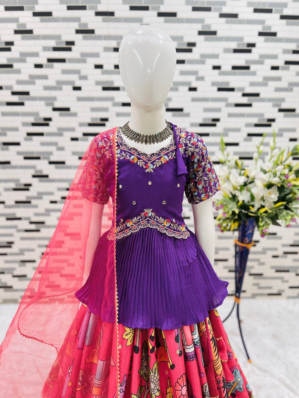 Shopesy Designer Purple Embroidered Peplum Top with Pink Printed Pleated Lehenga for Girls