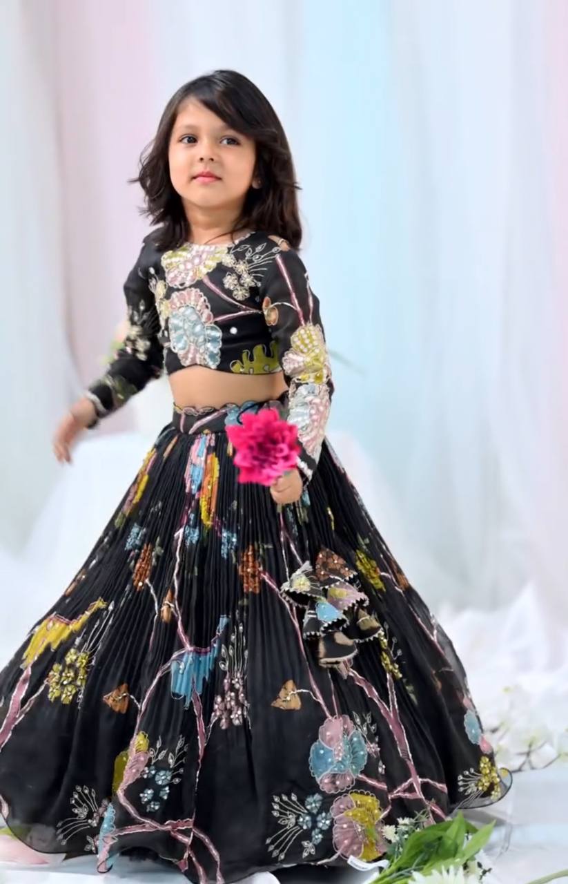 Shopesy Black Floral Embroidered Kids Lehenga Choli