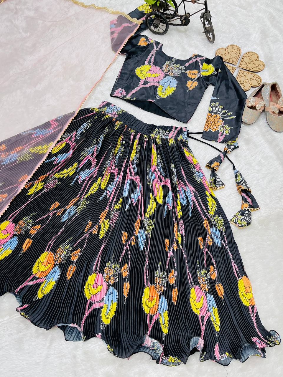 Shopesy Black Floral Embroidered Kids Lehenga Choli