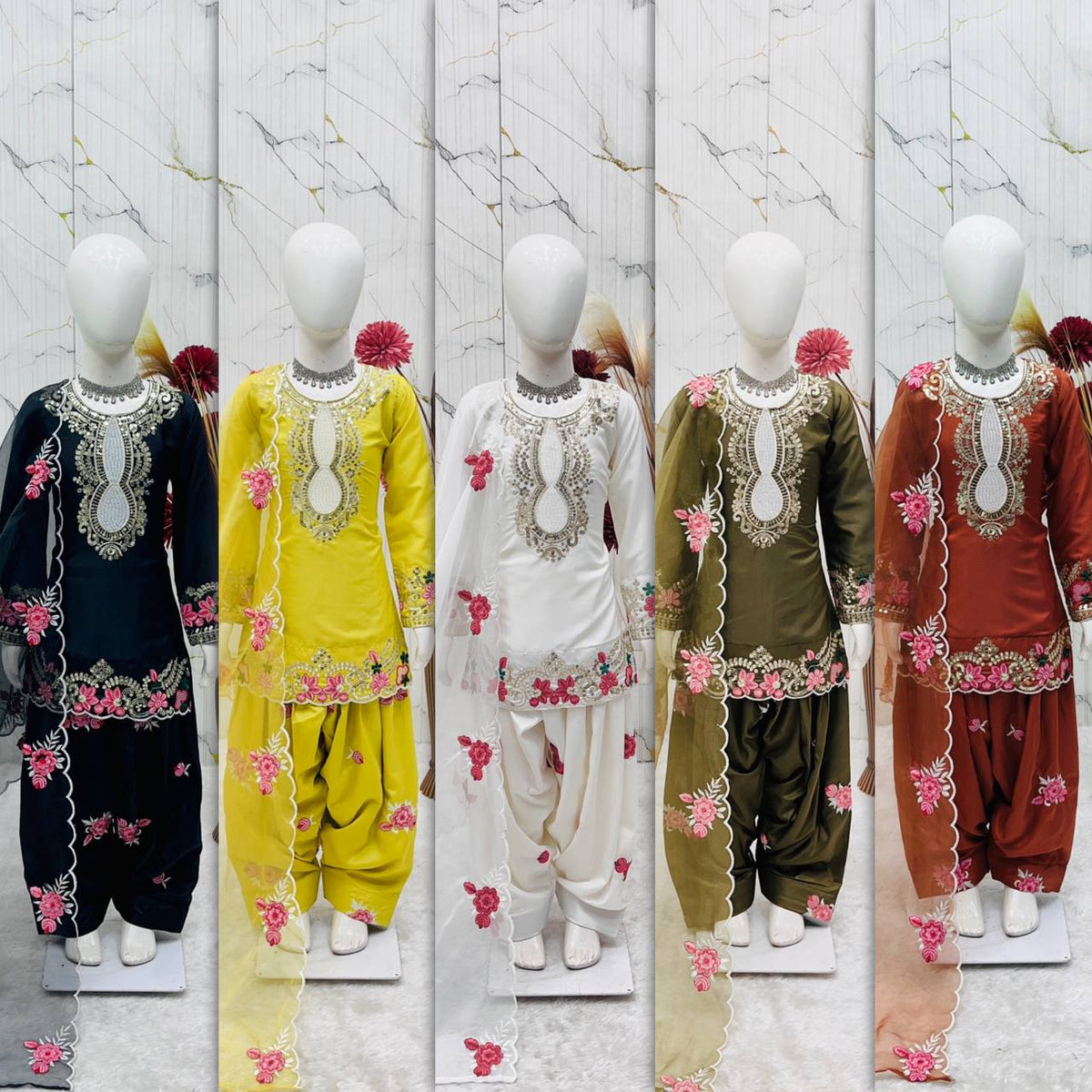 Shopesy Girls Olive Green Embroidered Kurta Salwar Set with Dupatta