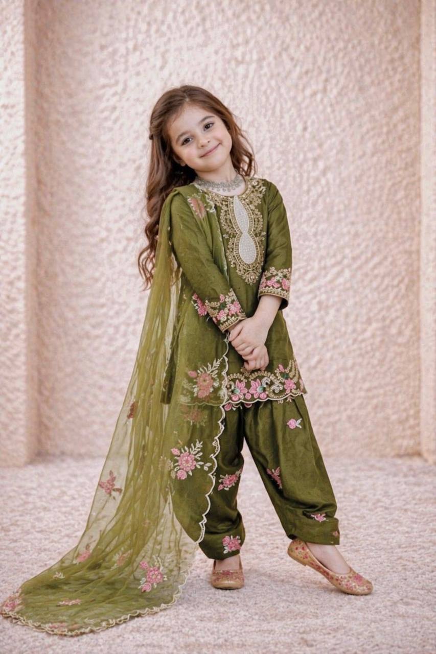 Shopesy Girls Olive Green Embroidered Kurta Salwar Set with Dupatta