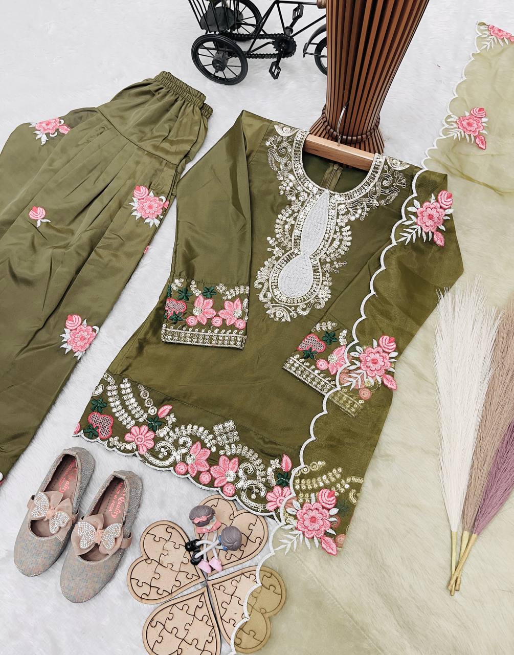 Shopesy Girls Olive Green Embroidered Kurta Salwar Set with Dupatta