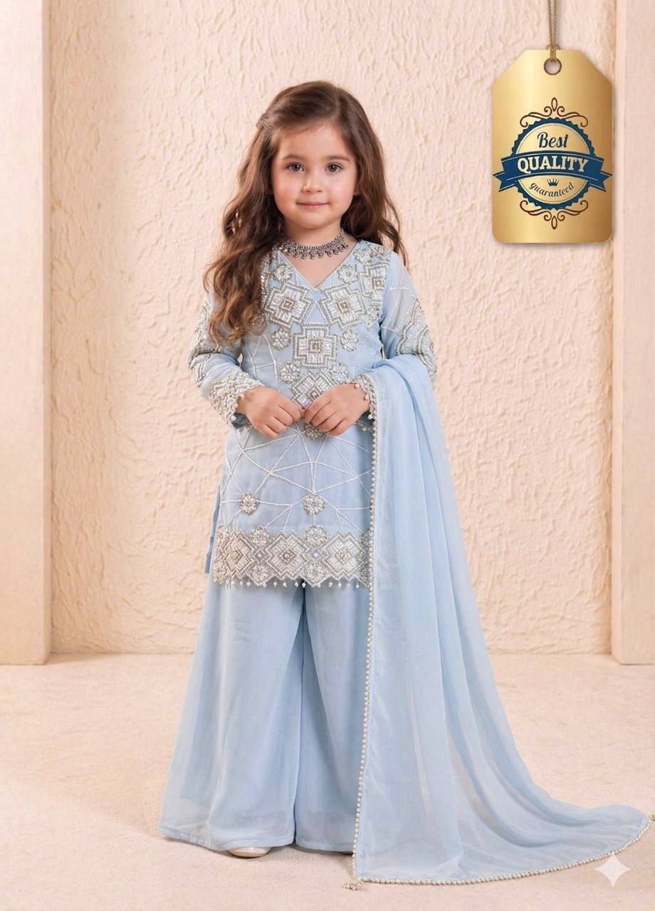 Shopesy Girls Powder Blue Embroidered Kurta Palazzo Set with Dupatta