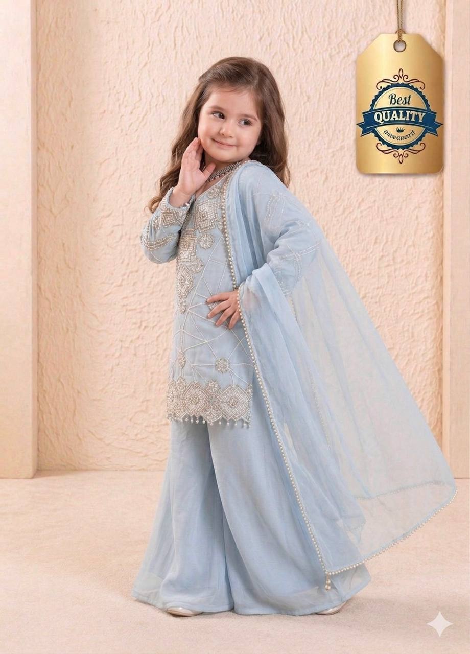 Shopesy Girls Powder Blue Embroidered Kurta Palazzo Set with Dupatta