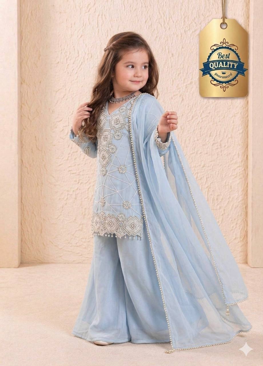 Shopesy Girls Powder Blue Embroidered Kurta Palazzo Set with Dupatta