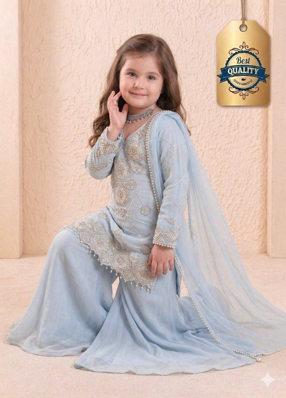 Shopesy Girls Powder Blue Embroidered Kurta Palazzo Set with Dupatta