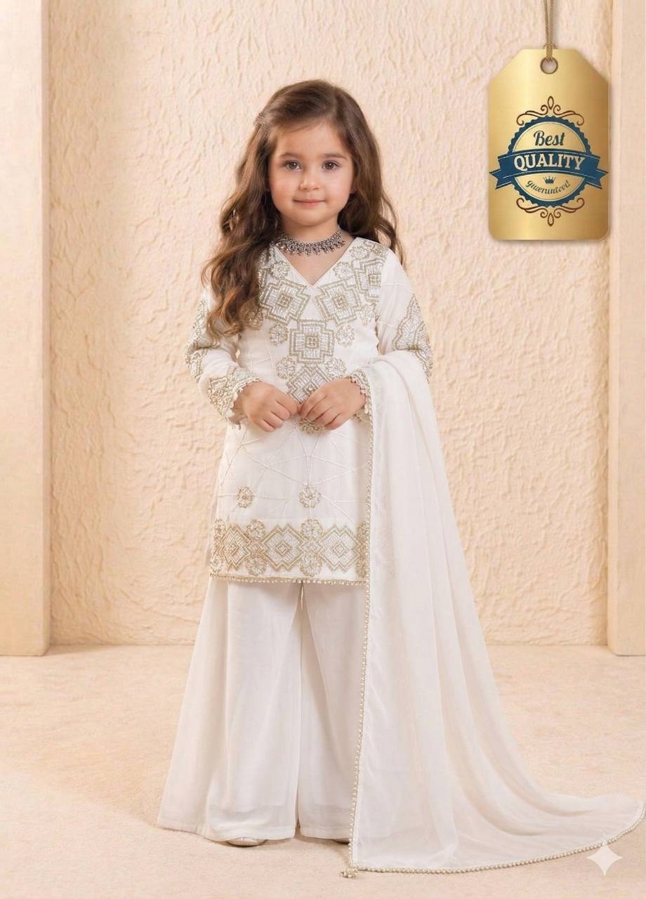 Shopesy Girls Off White Embroidered Kurta Palazzo Set with Dupatta