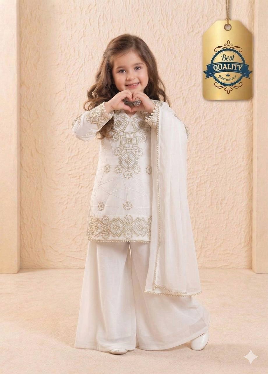 Shopesy Girls Off White Embroidered Kurta Palazzo Set with Dupatta