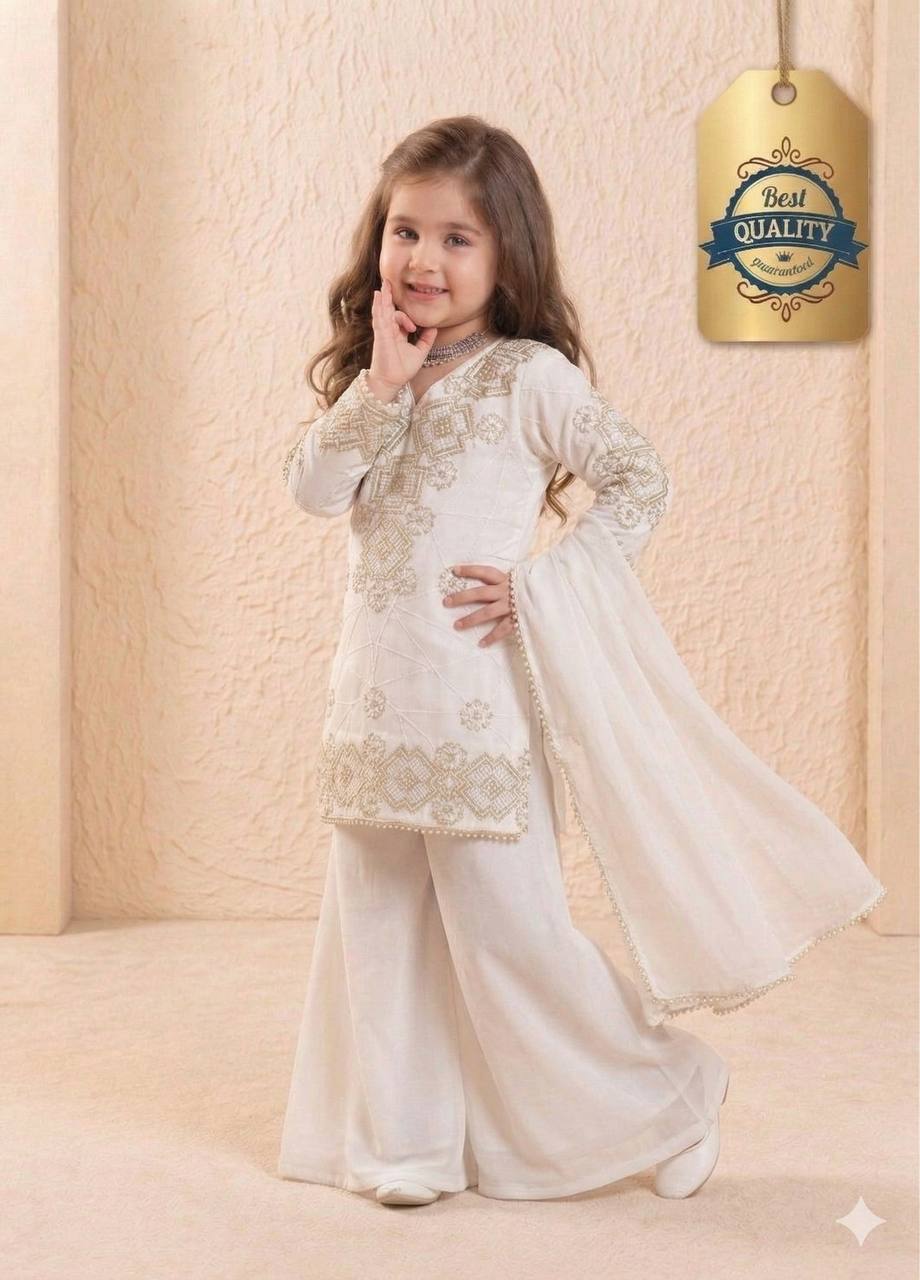 Shopesy Girls Off White Embroidered Kurta Palazzo Set with Dupatta