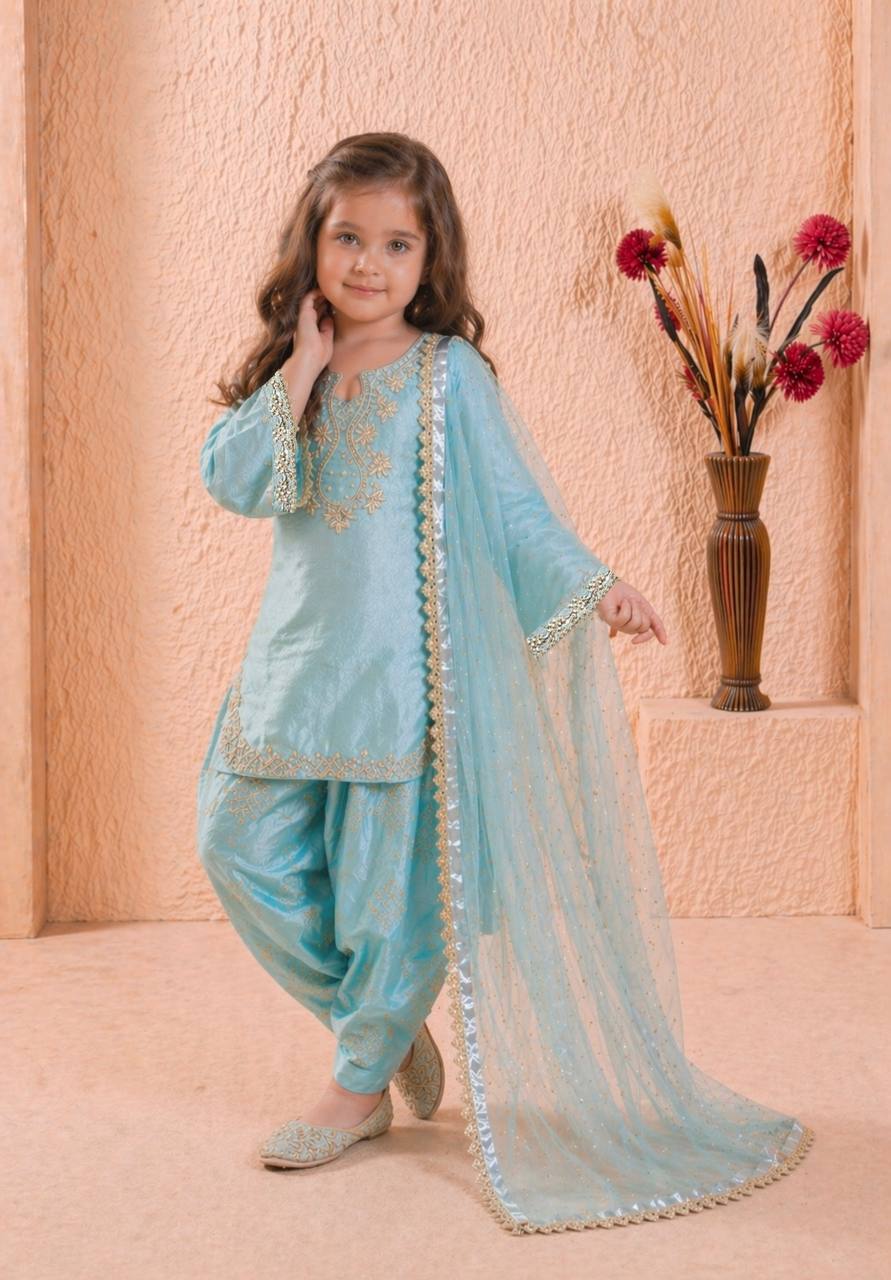 Shopesy Girls Sky Blue Embroidered Kurta Patiala Set with Dupatta