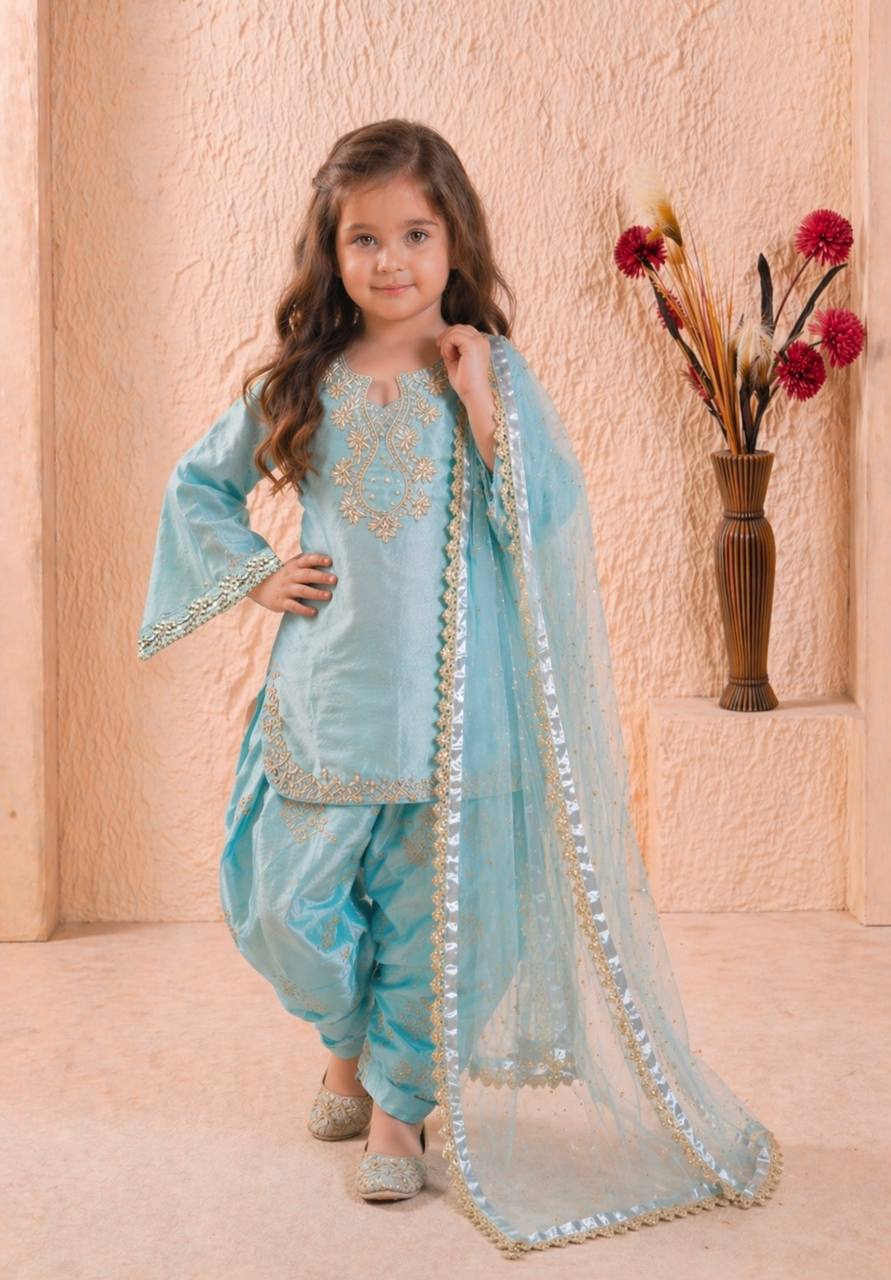 Shopesy Girls Sky Blue Embroidered Kurta Patiala Set with Dupatta