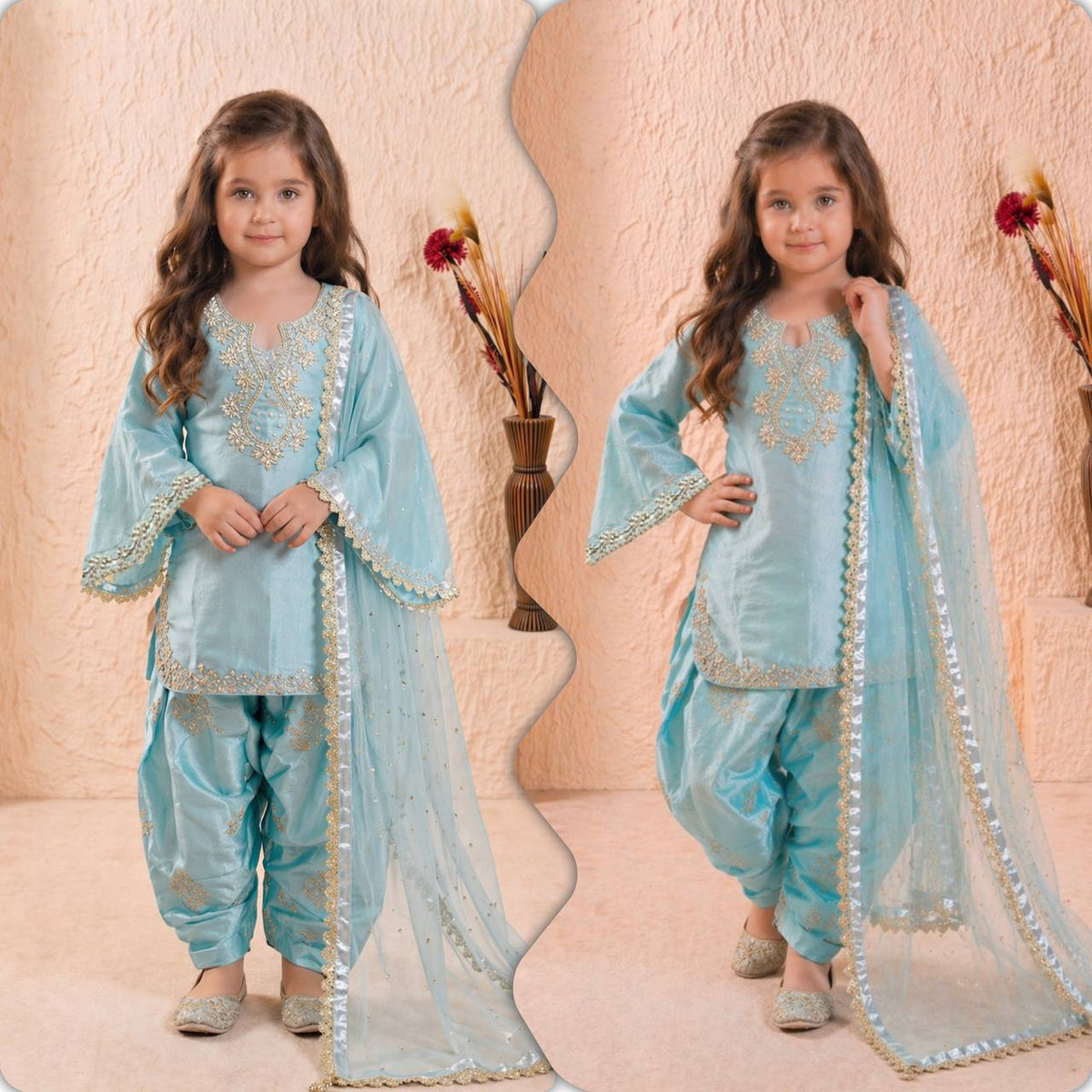 Shopesy Girls Sky Blue Embroidered Kurta Patiala Set with Dupatta