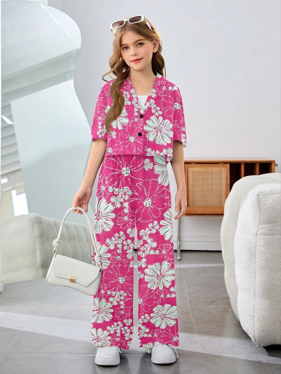 Shopesy Girls Pink Floral Printed Co-Ord Set