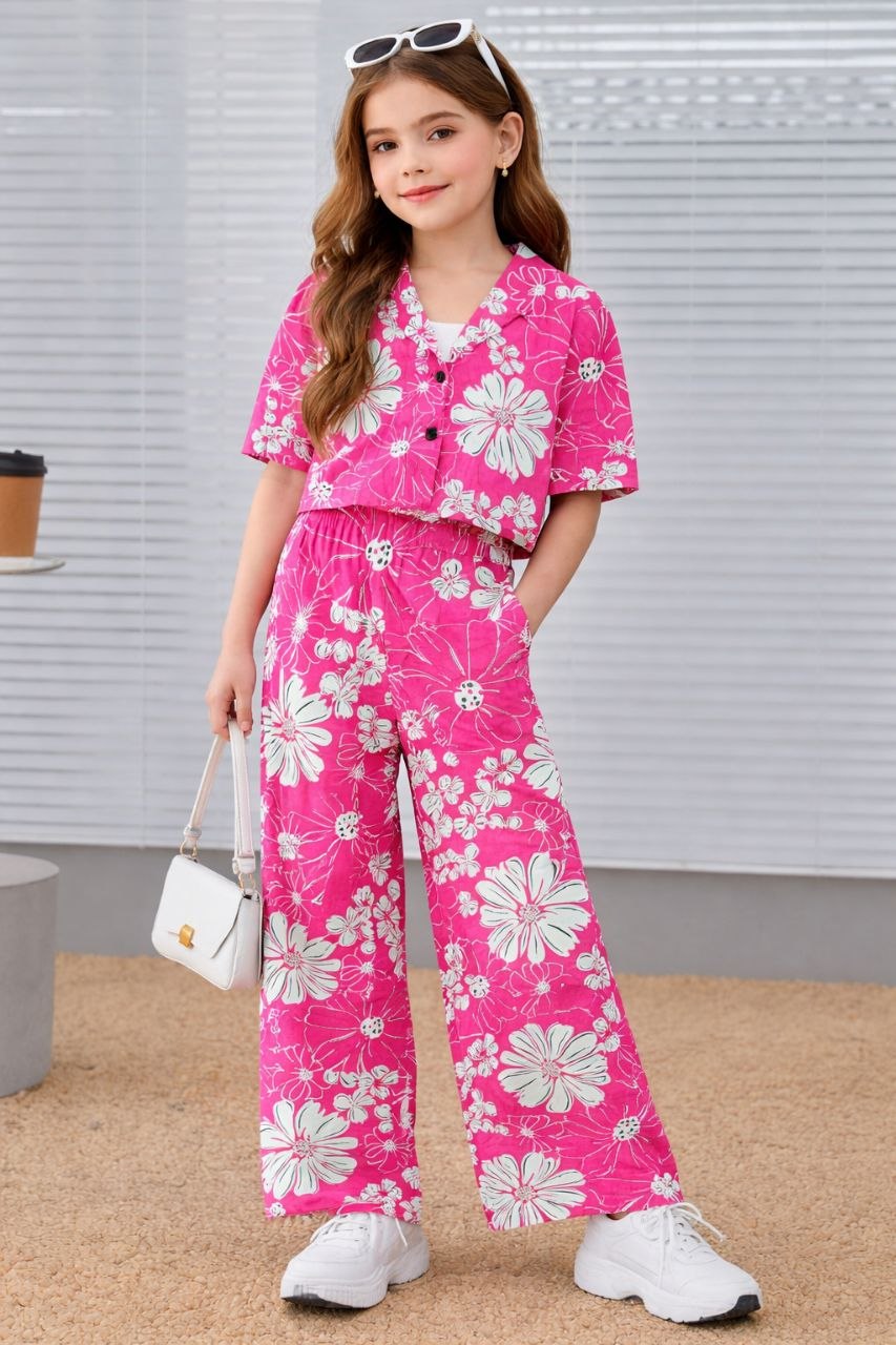 Shopesy Girls Pink Floral Printed Co-Ord Set
