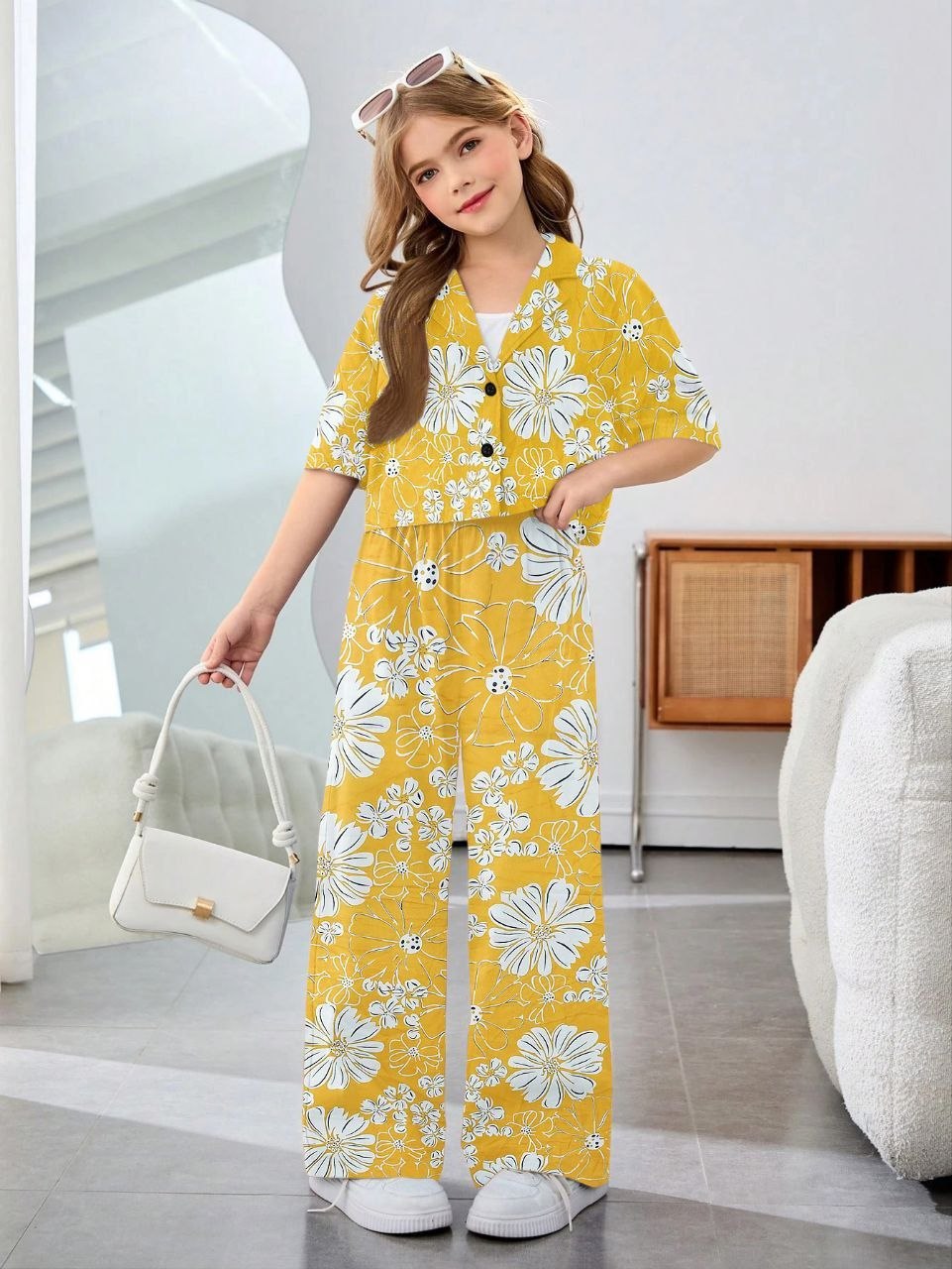 Shopesy Girls Mustard Yellow Floral Printed Co-Ord Set