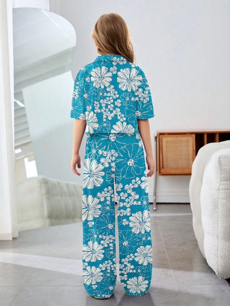 Shopesy Girls Teal Blue Floral Printed Co-Ord Set