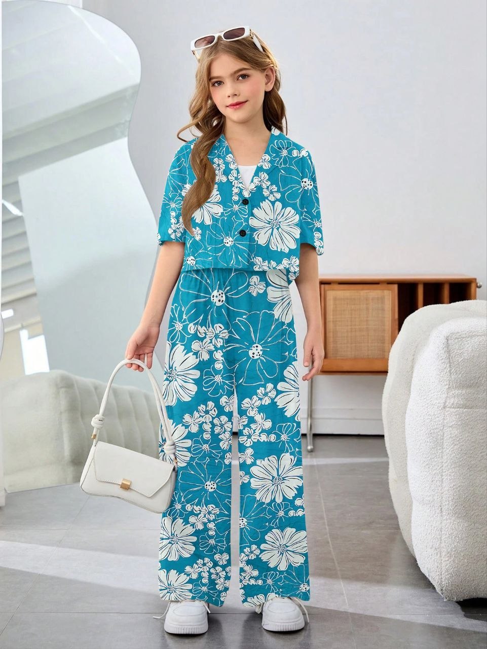 Shopesy Girls Teal Blue Floral Printed Co-Ord Set