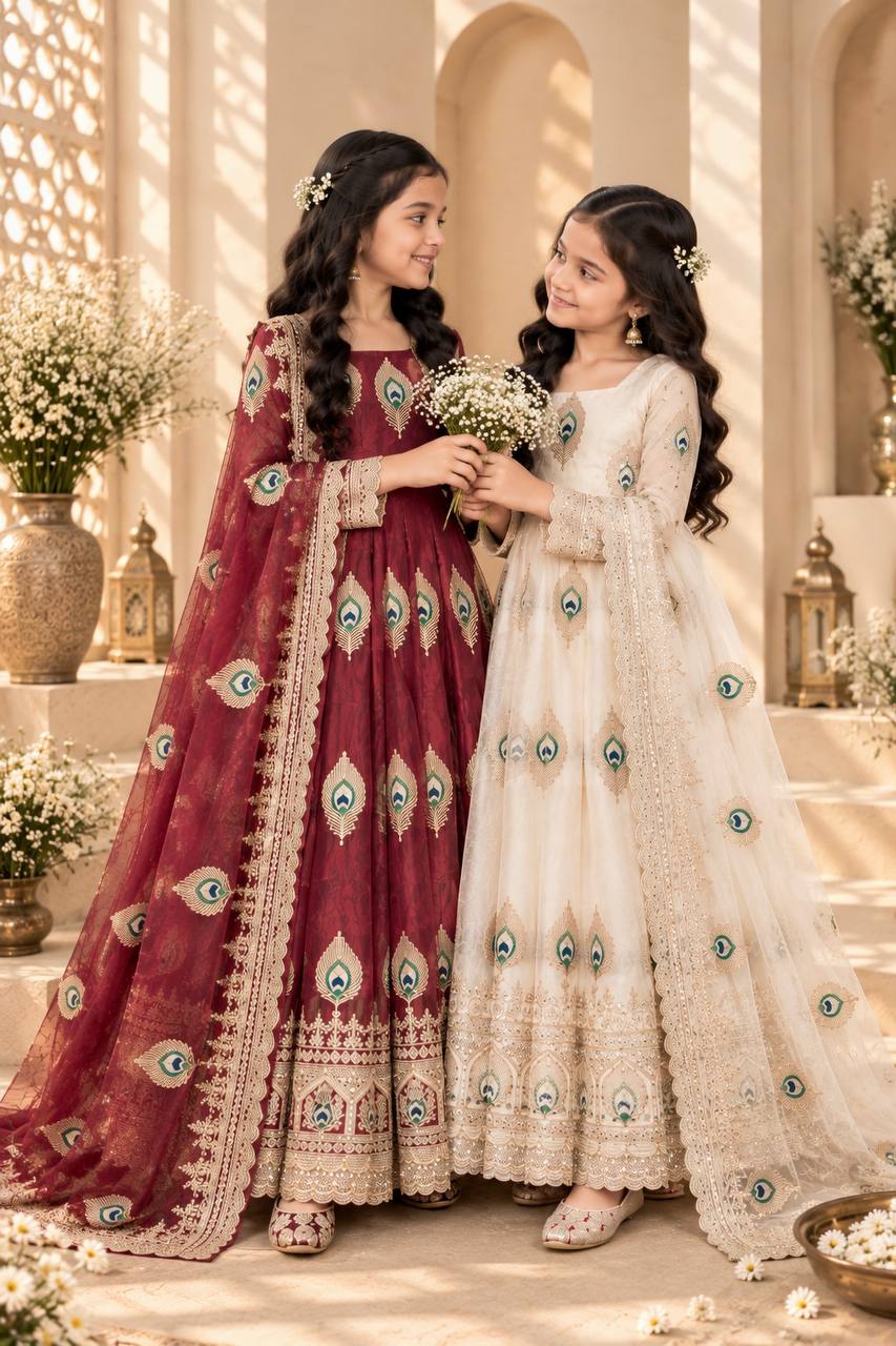 Shopesy Girls Cream Embroidered Anarkali Dress with Dupatta