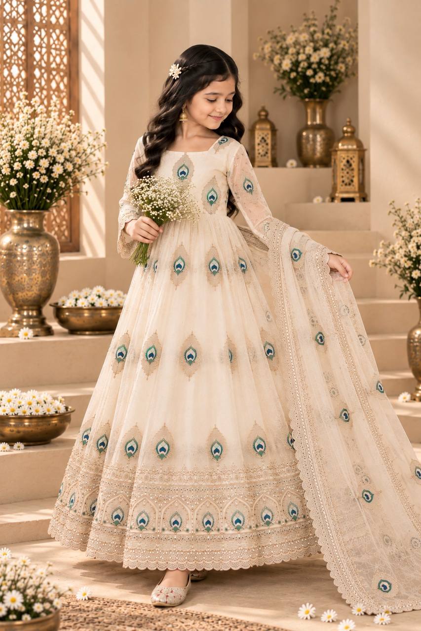 Shopesy Girls Cream Embroidered Anarkali Dress with Dupatta
