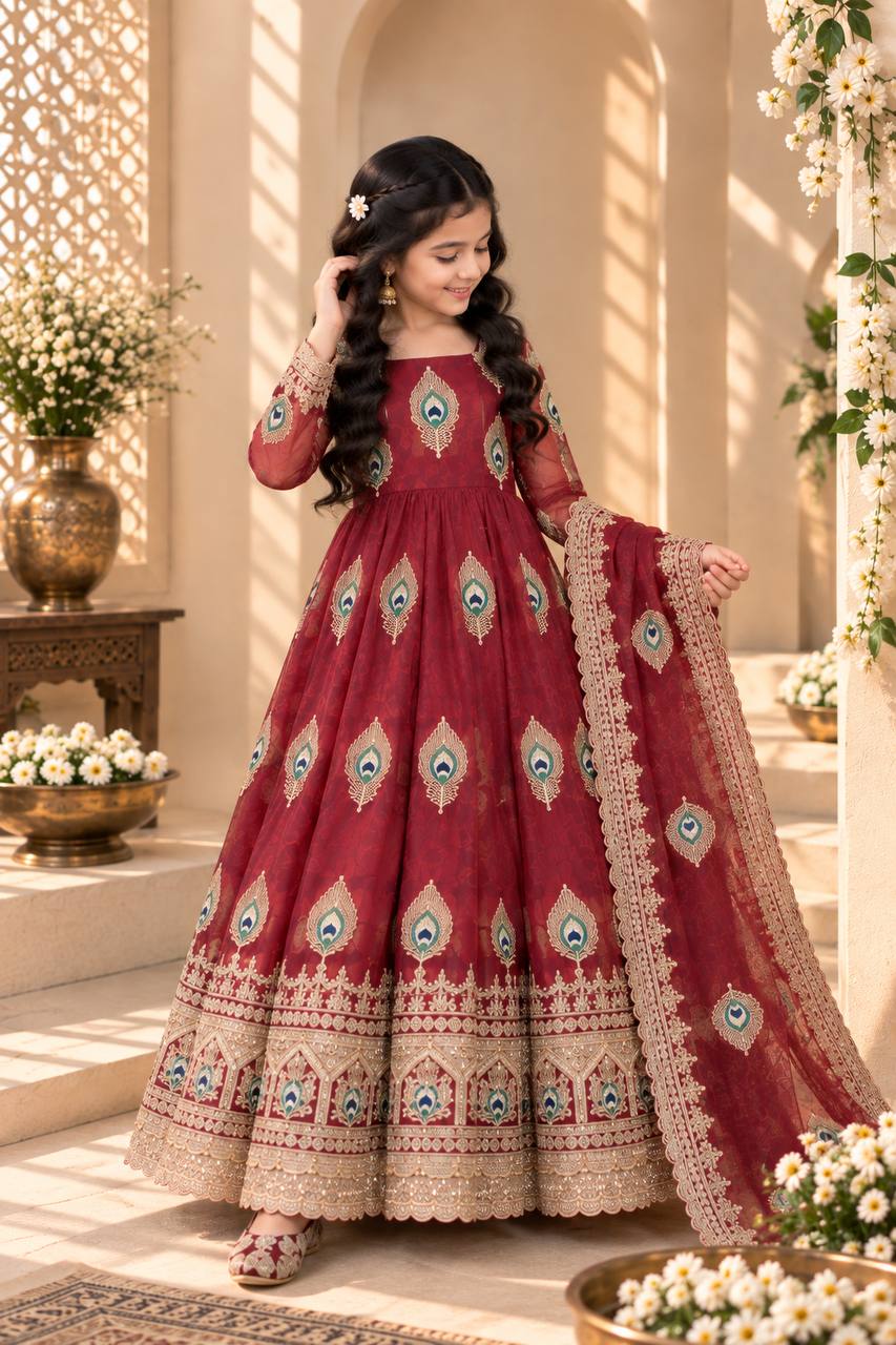 Shopesy Girls Maroon Anarkali Dress with Dupatta
