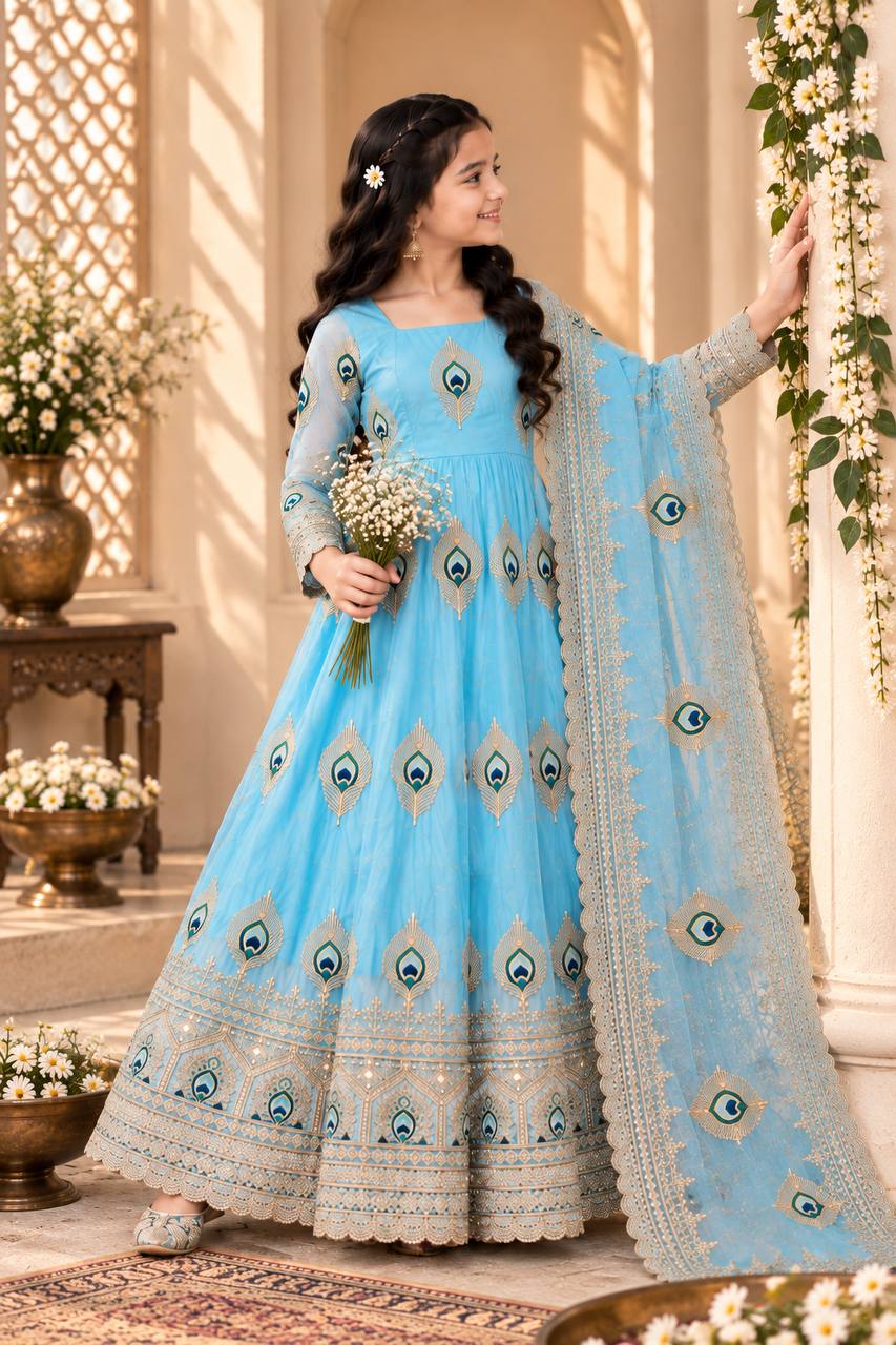 Shopesy Girls Sky Blue Anarkali Gown with Dupatta
