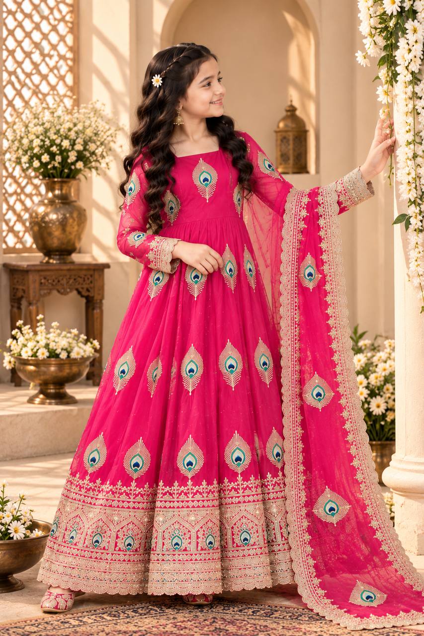 Shopesy Girls Pink Anarkali Gown with Dupatta
