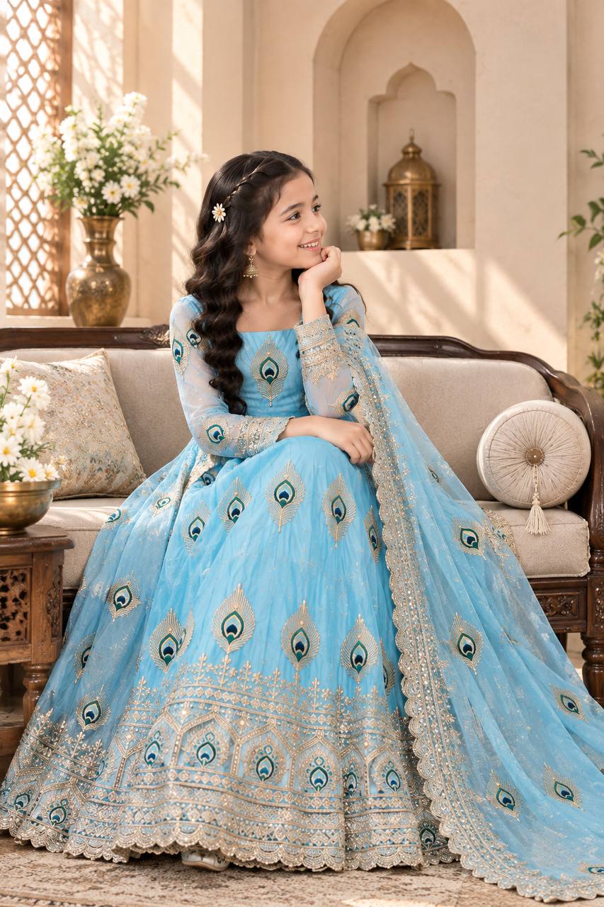 Shopesy Girls Sky Blue Anarkali Gown with Dupatta