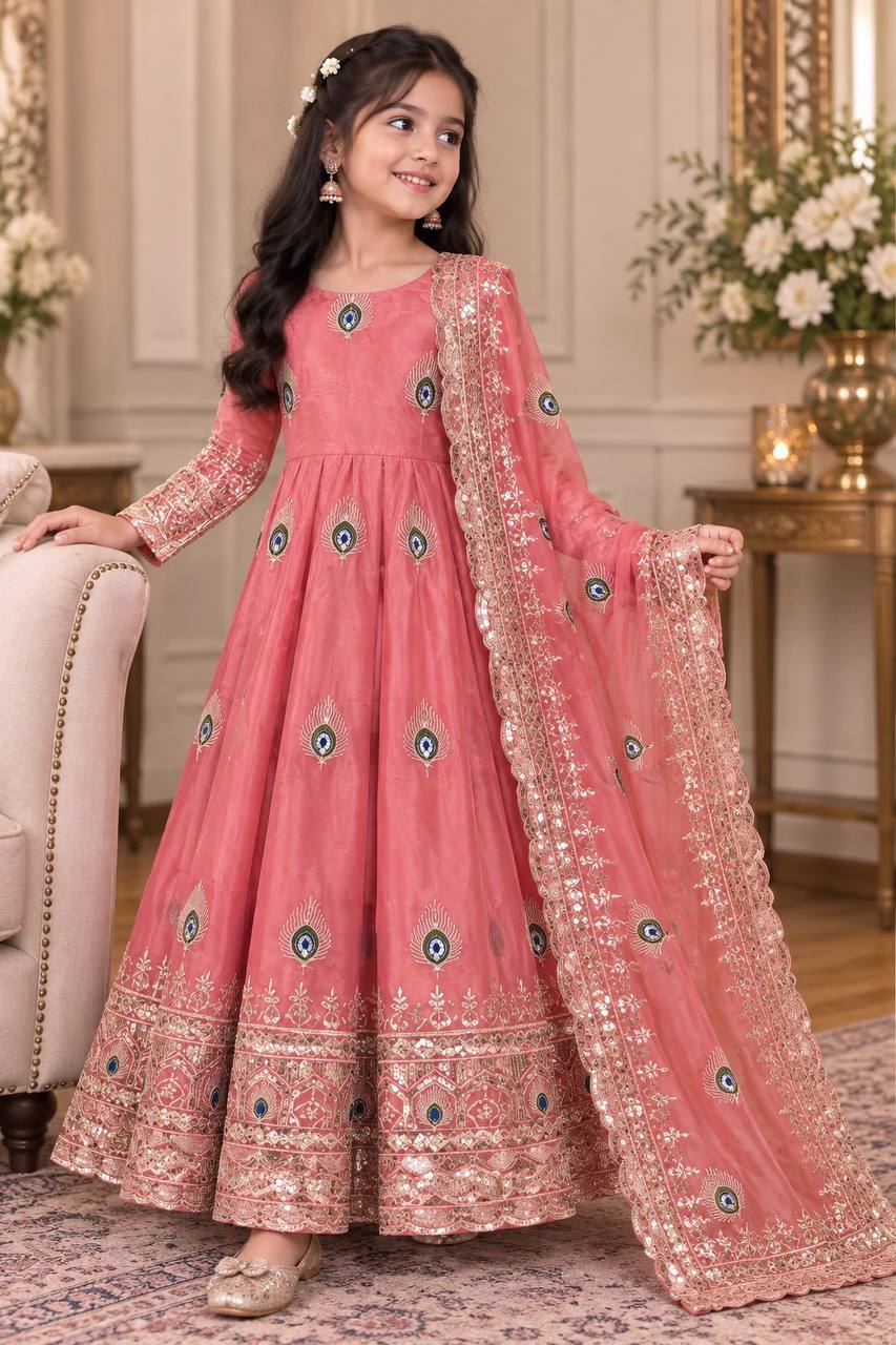Shopesy Girls Peach Pink Anarkali Gown with Dupatta