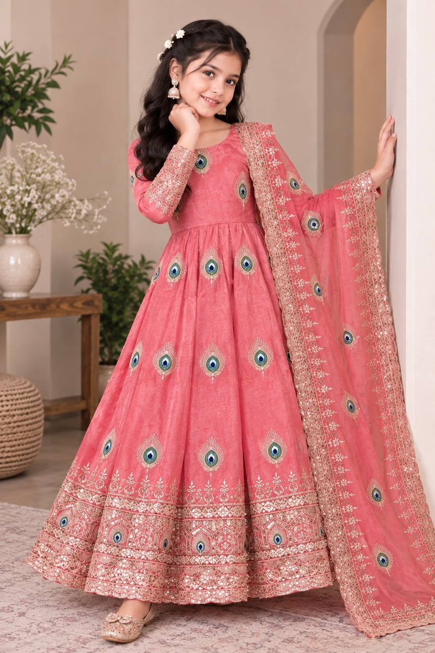 Shopesy Girls Peach Pink Anarkali Gown with Dupatta